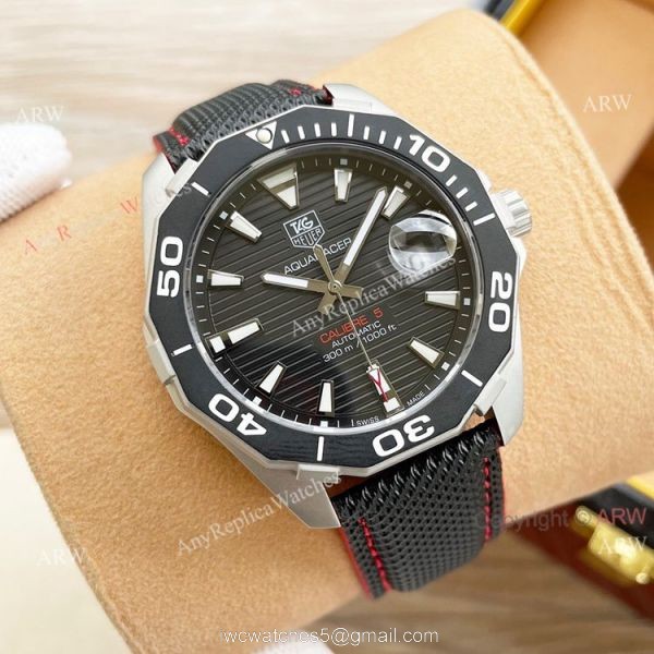 High Copy Tag Heuer Aquaracer Calibre 5 Automatic Watch 44mm White Face Black Leather Strap 3