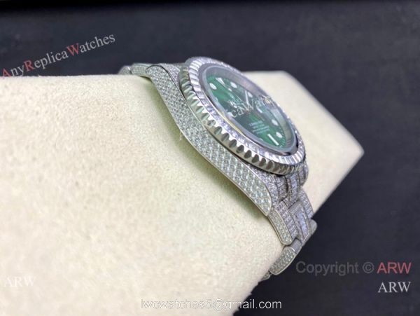 Swiss Replica Rolex Submariner 2836 Iced Out Watch 904L Stainless Steel Green Face 40mm 3