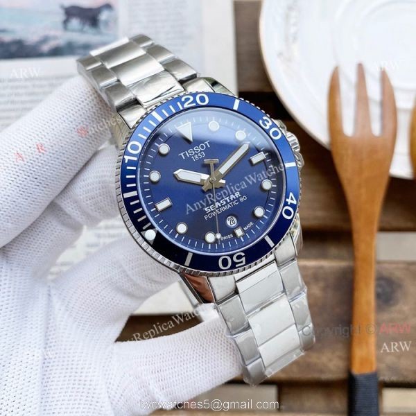 New Tissot Seastar 1853 Blue Face SS Replica Watch For Men 45mm 3