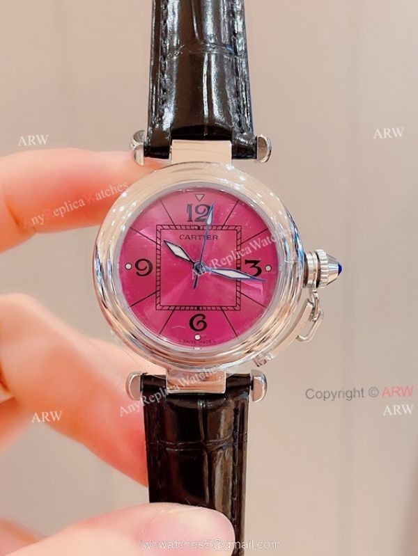 Knockoff Ladies Cartier Pasha Watch Fuchsia Dial Fuchsia Leather Strap 3