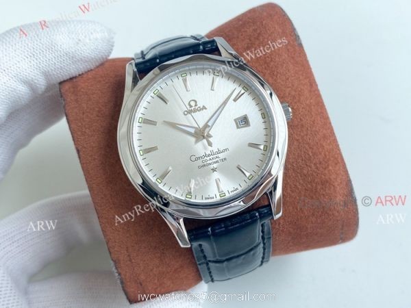 Copy Omega Constellation Green Dial Stainless Steel Brown Leather Strap Men Watch 3