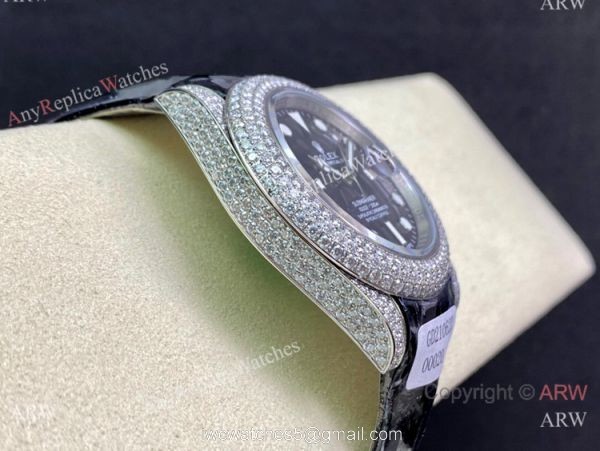 Swiss Quality Rolex Submariner Limited Edition Watch Iced Out Leather Strap 3