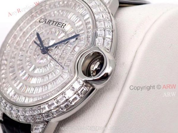 Iced Out Cartier Ballon Bleu 42mm Black Leather Strap Watch Replica 3