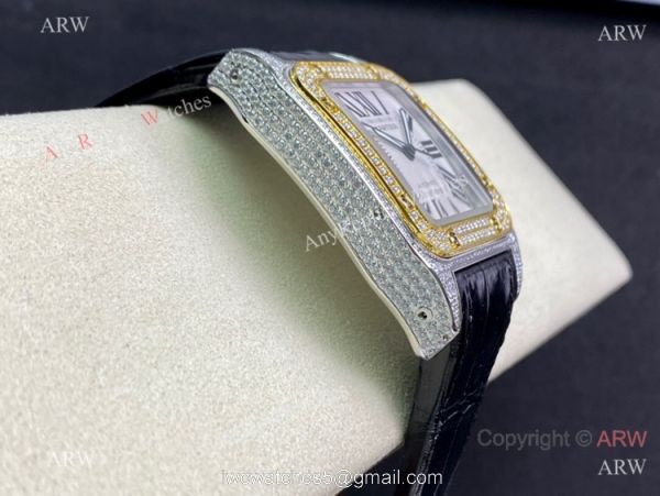 Swiss Quality Iced Out Cartier Santos De Watch Two Tone Sapphire Crystal 3