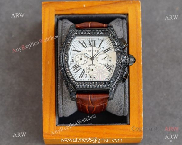 Iced Out Cartier Roadster All Black Watches Leather Strap 3