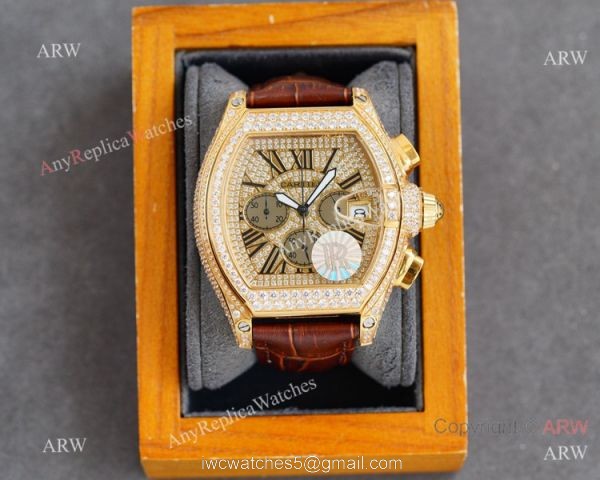 Iced Out Cartier Roadster Chronograph Watches Yellow Gold Case 3