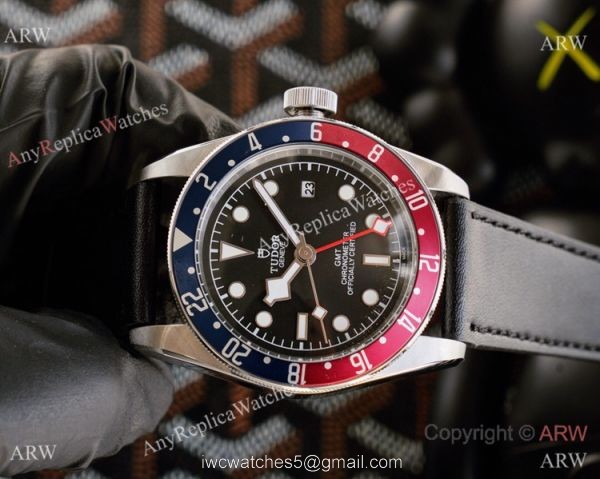 Copy Tudor Black Bay GMT Pepsi Bezel Black Leather Strap Watch 3