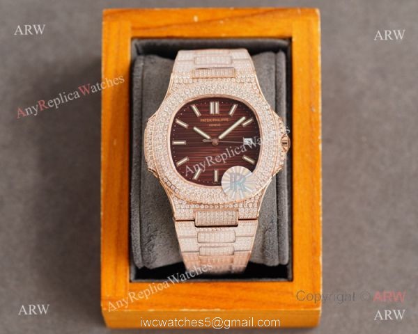 Swiss AAA Replica Patek Philippe Nautilus 9015 Ultra-thin Watch Rose Gold Iced Out Black Dial 40mm 3