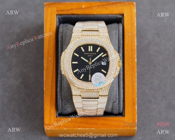 Swiss AAA Replica Patek Philippe Nautilus Iced Out Yellow Gold Watch 40mm 9015 Ultra-thin Movement 3