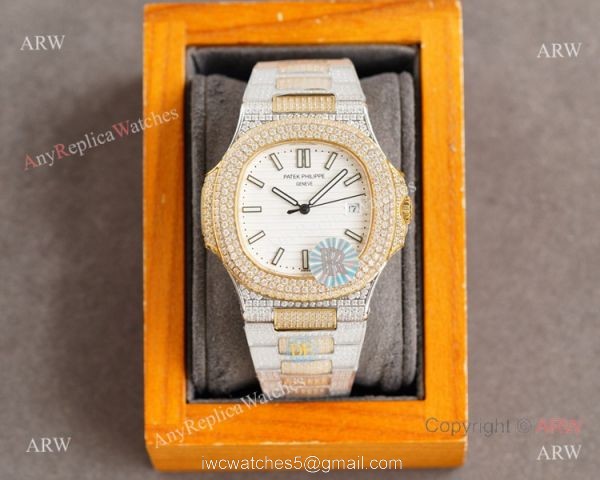 Swiss Replica Patek Philippe Nautilus 9015 Ultra-thin Watch Two Tone Iced Out Case 3