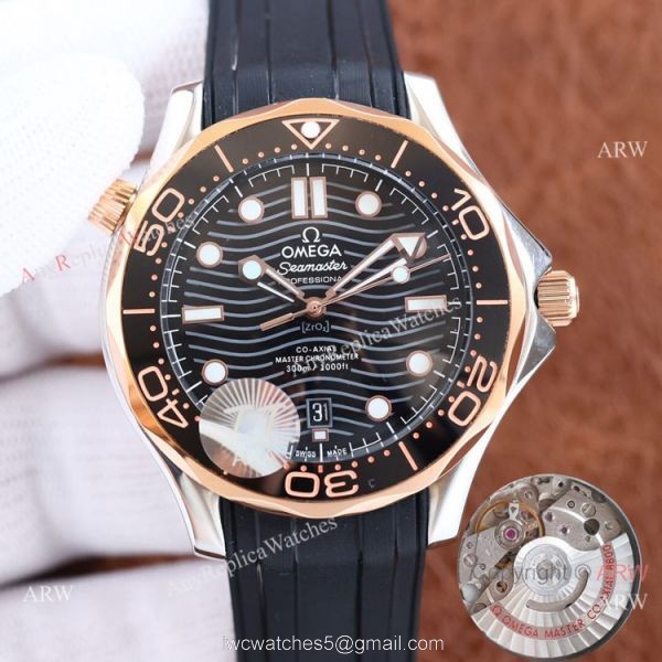 Swiss Quality Copy Omega Seamaster 300m Citizen Watch Two Tone Rose Gold Blue Rubber Strap 3