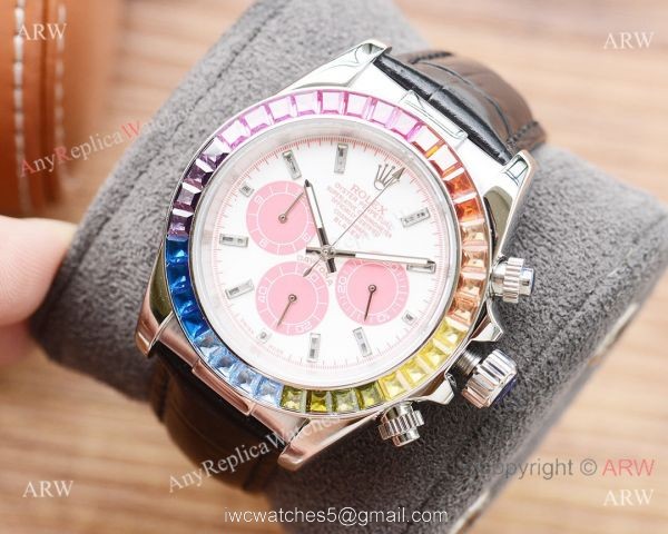 Fake Rolex Daytona Rainbow Watch Leather Band White Dial Japan-quartz 3