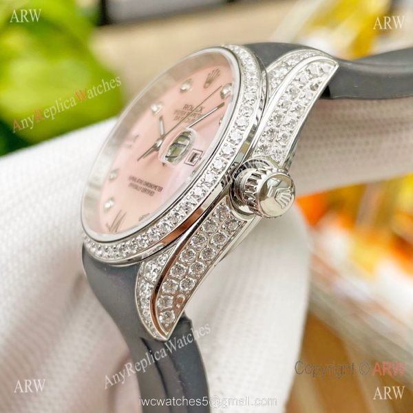 Replica ROLEX Datejust Citizen 8215 Rubber strap Diamond Ladies Watch 3