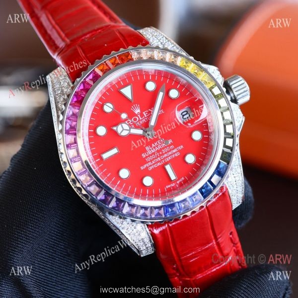 Top Replica Rolex Submariner Rainbow Bezel Red Leather Diamond Watch 3