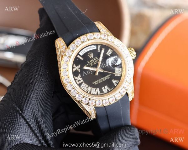 Replica Rolex Day-Date Diamond Gold Bezel Black Face 40 MM Watch 3