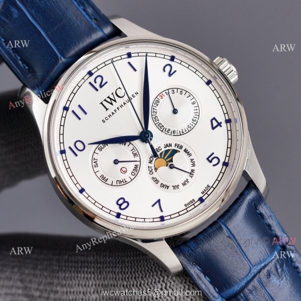 IWC Portuguese Moonphase 42MM Blue Face Arabic Leather Strap Watch 3