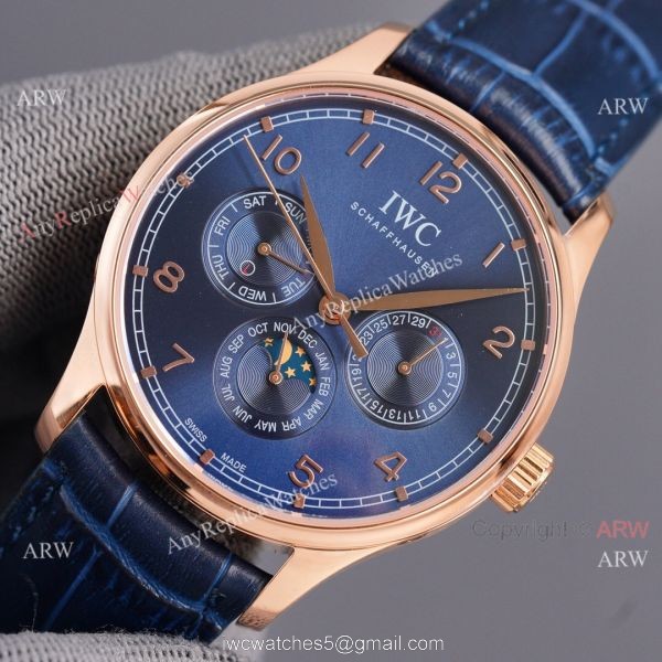 Fake IWC Portuguese Moonphase Rose Gold Case 42MM Brown Leather Strap Watch 3