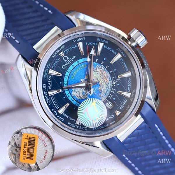Swiss Quality Omega Aqua Terra Worldtimer Blue Rubber Watch 3