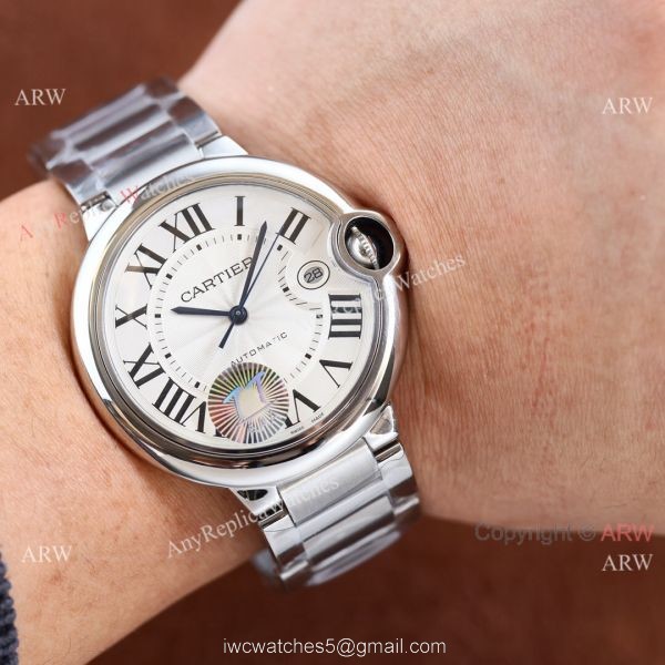 Copy Balloon Blue Cartier Silver Face 42mm Stainless Steel Strap Watch 3