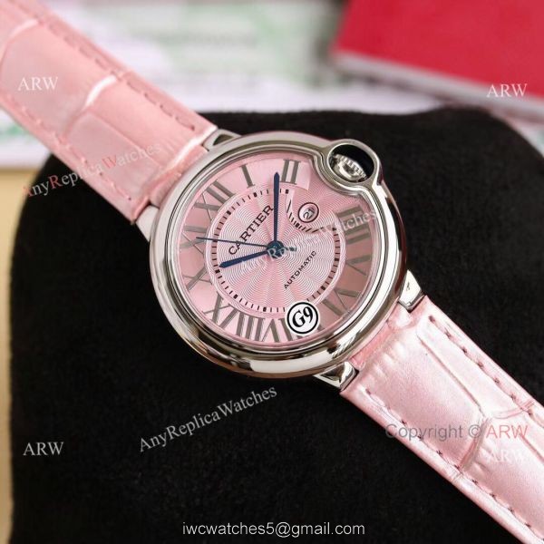 Copy Balloon Blue Cartier Wave Pink Dial V6 Watch with Pink Leather Strap 3