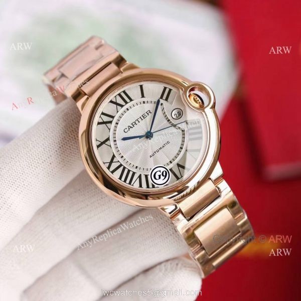 Replica V6 Cartier Balloon Blue Rose Gold Case White Face Watch SS Strap 3