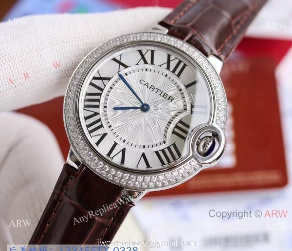 Replica V6 Cartier Balloon Blue Diamond Bezel White Face Watch Brown Leather Strap 3