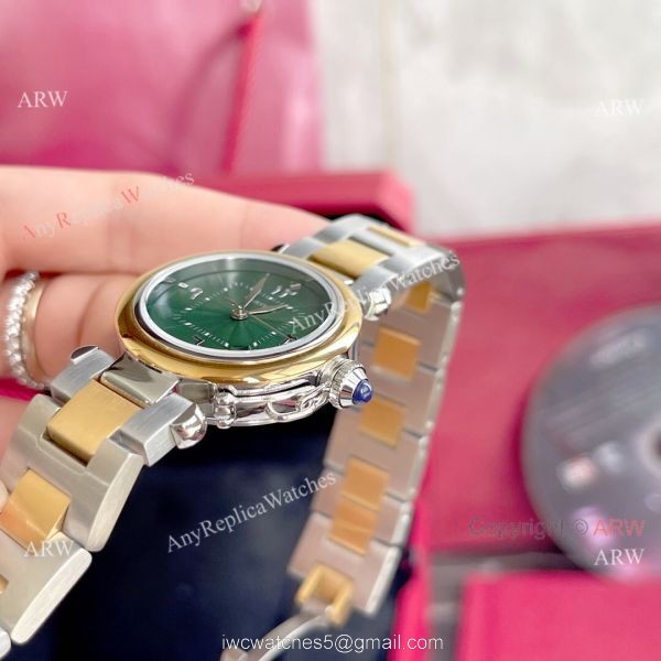 Replica Cartier Pasha Deep Green Dial 2-Tone Gold Watch With Arabic Markers 3