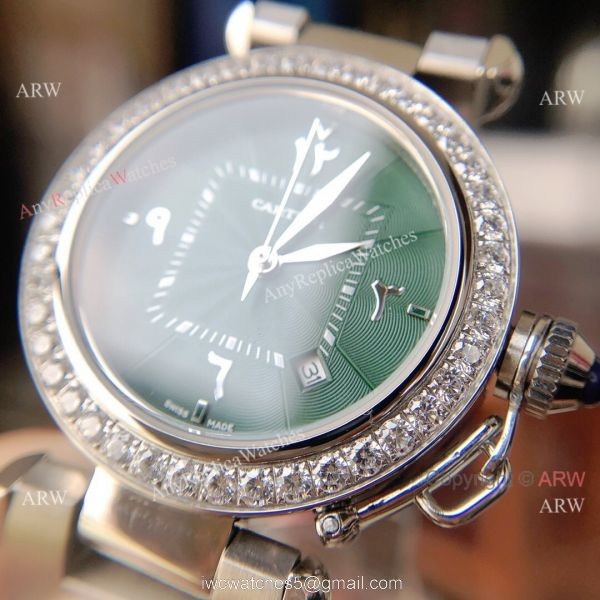 New Replica Cartier Pasha Diamond Bezel Deep Green Dial 316L SS Watch With Arabic Markers 3