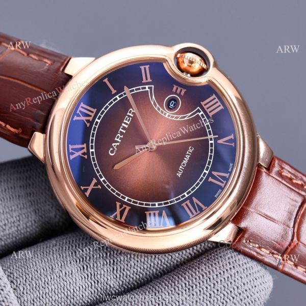 Copy Balloon Blue Cartier Gradient Face Gold Case 42MM Watch Leather Strap 3