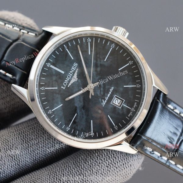 Replica Longines Elegant Gray Meteorite Texture Dial Black Leather Strap Watch 8215 Movement 3