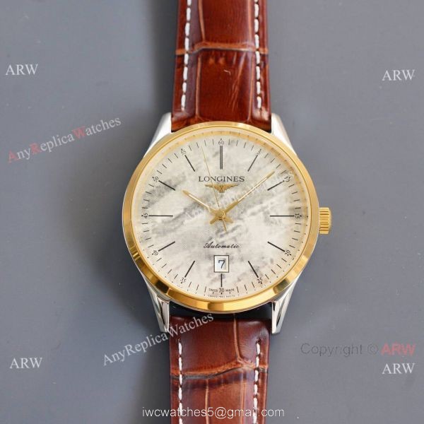Replica Longines Elegant Rose Gold Bezel 8215 Movement White Dial Brown Leather Strap Watch 3
