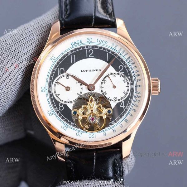 Copy Longines Master Tourbillon Rose Gold Case Black Face Leather 42MM Watch 3