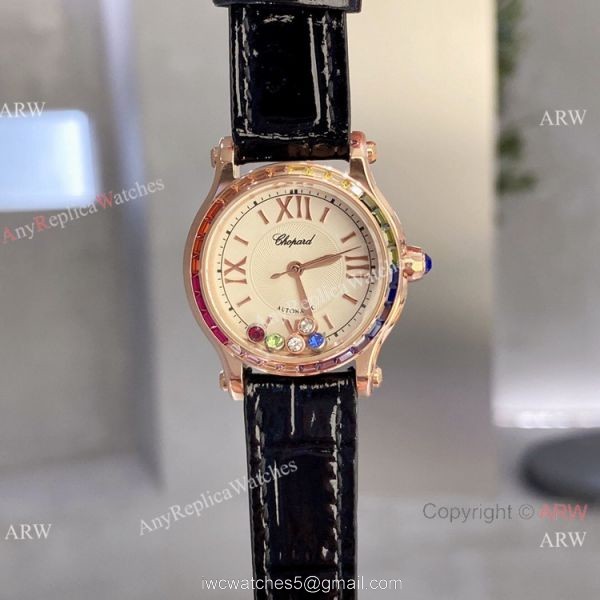 Replica Chopard Happy Sport Quartz 30mm Watch Rainbow bezel Rose Gold 3