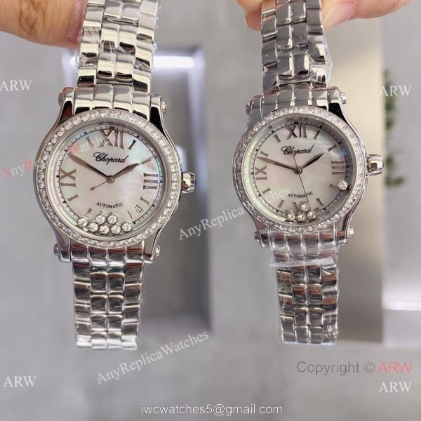Faux Chopard Happy Sport Quartz Watch Pink Mop Dial Diamond Bezel 3