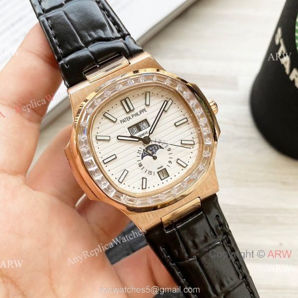 Clone Patek Philippe Annual Calendar Nautilus Watch Brown Leather Strap Diamond Bezel 3