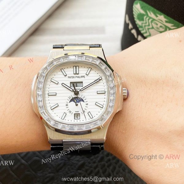 Clone Patek Philippe Annual Calendar Nautilus Watch Gray Dial Diamond Bezel 3