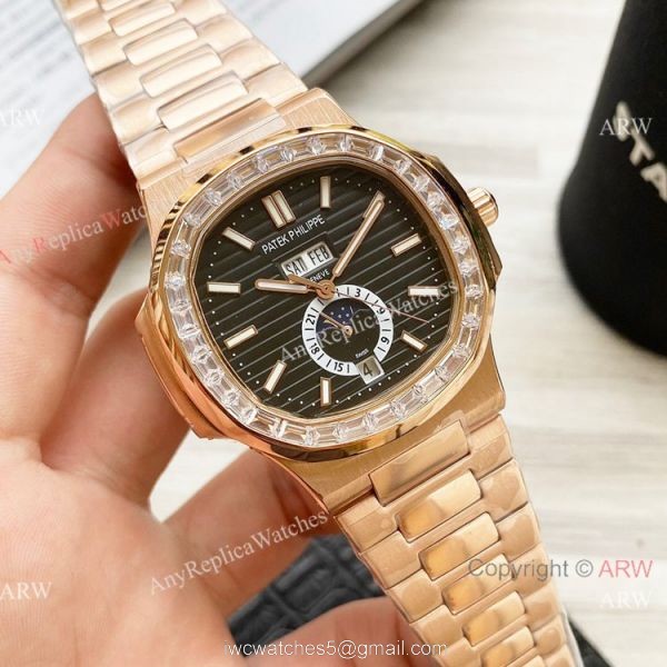 Clone Patek Philippe Nautilus Annual Calendar 42 Watches Rose Gold Diamond Bezel 3