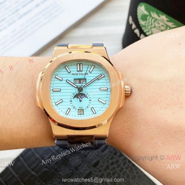 New Clone Patek Philippe Nautilus Annual Calendar watch Baby-Blue Face Rose Gold 42mm 3