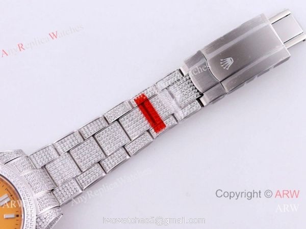 Swiss Quality Iced Out Rolex Oyster Perpetual 41 Wrist Yellow Dial Full Diamond Case 3
