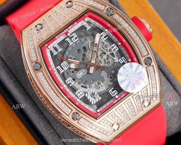 (RM Factory) Knockoff Richard Mille Rm010 Rose Gold Skeleton Watch Red Rubber Strap 3