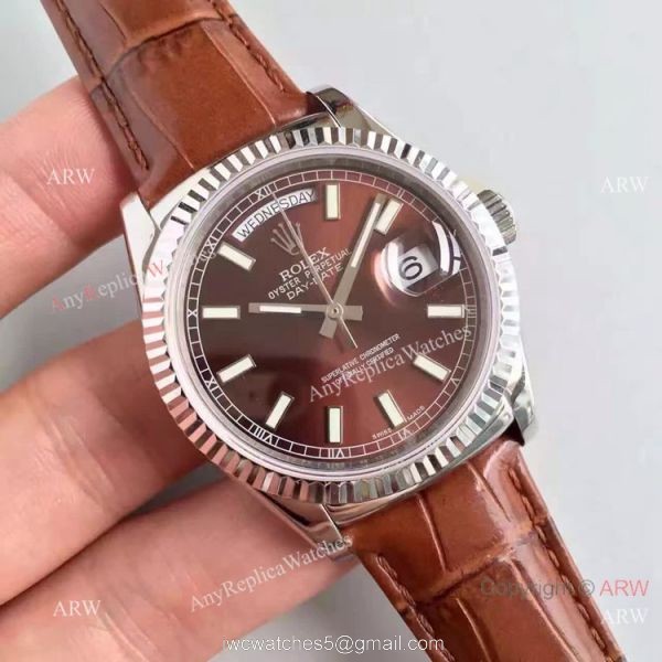 Swiss Coipy Rolex Day Date Oyster Watch Brown Dial Brown Leather Replica 4