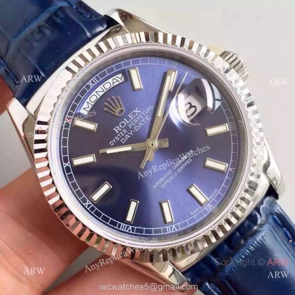 Swiss Copy Rolex SS Day Date Oyster Watch Blue Dial Blue Leather Replica 4