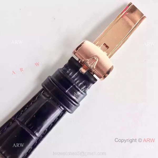 Swiss Copy Rolex Rose Gold Day Date Watch Silver Dial Black Leather Replica 4