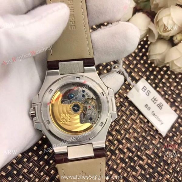 New Patek Philippe Nautilus White Face Annual Calendar Watch Brown Leather Strap 4