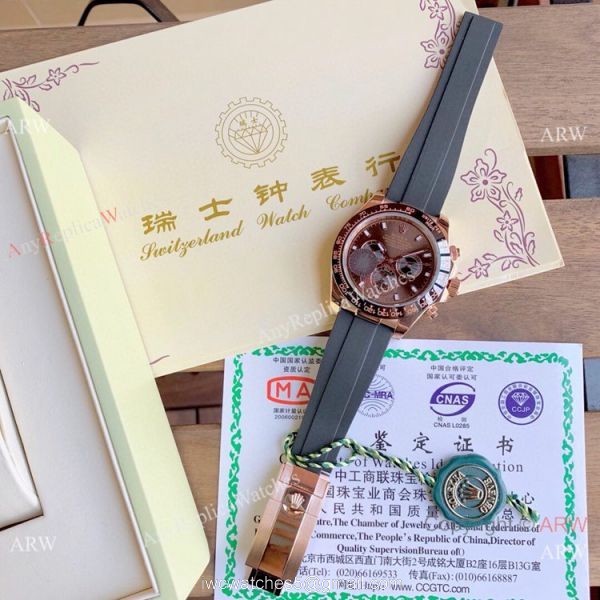 Copy Rolex Daytona 43mm Watch Rose Gold Chocolate Dial Rubber Strap 4