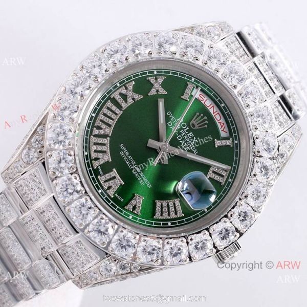 Rolex Day Date Green Dial Ice Watch Rolex Diamond Bezel Replica Watch 4