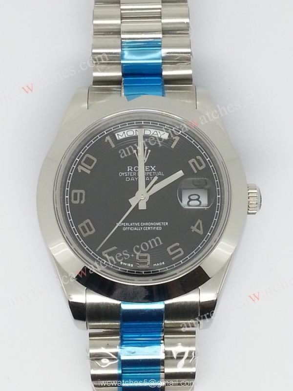Replica Rolex Day Date II Watch: Stainless Steel 41mm Black Arabic Dial 4