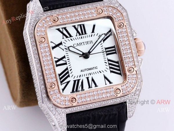 Iced Out Cartier Santos Automatic Watch Replica Two Tone Rose Gold 4