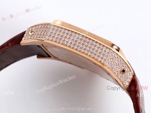 Iced Out Cartier Santos Diamond Watch Automatic Brown Leather Strap 4