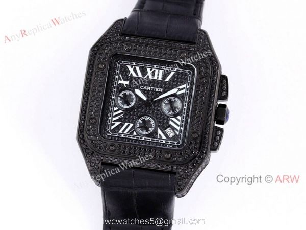 Knockoff Cartier Santos Chronograph Watch Black Diamonds 4